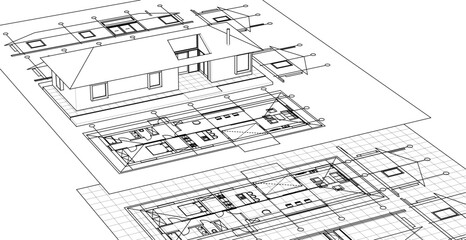 traditional house sketch plan 3D illustration