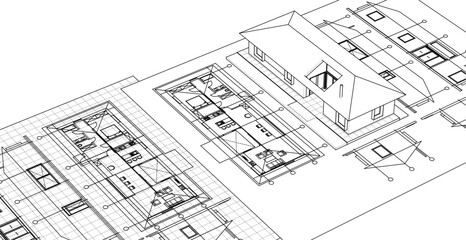 traditional house sketch plan 3D illustration