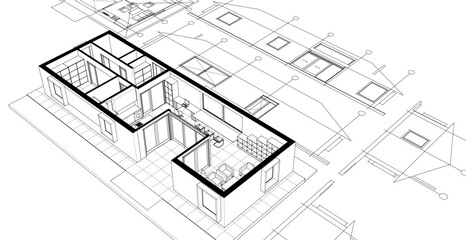 traditional house sketch plan 3D illustration