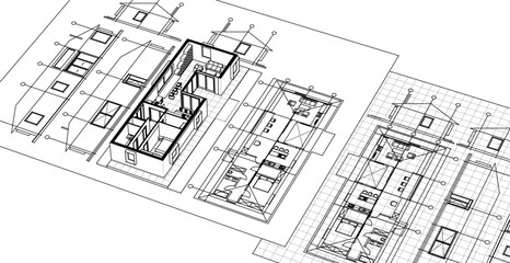 traditional house sketch plan 3D illustration