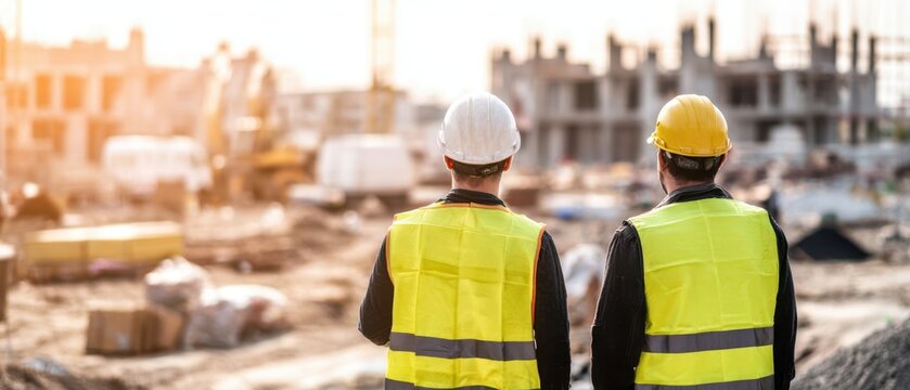 The construction workers observing progress on a developing building site. - Powered by Adobe