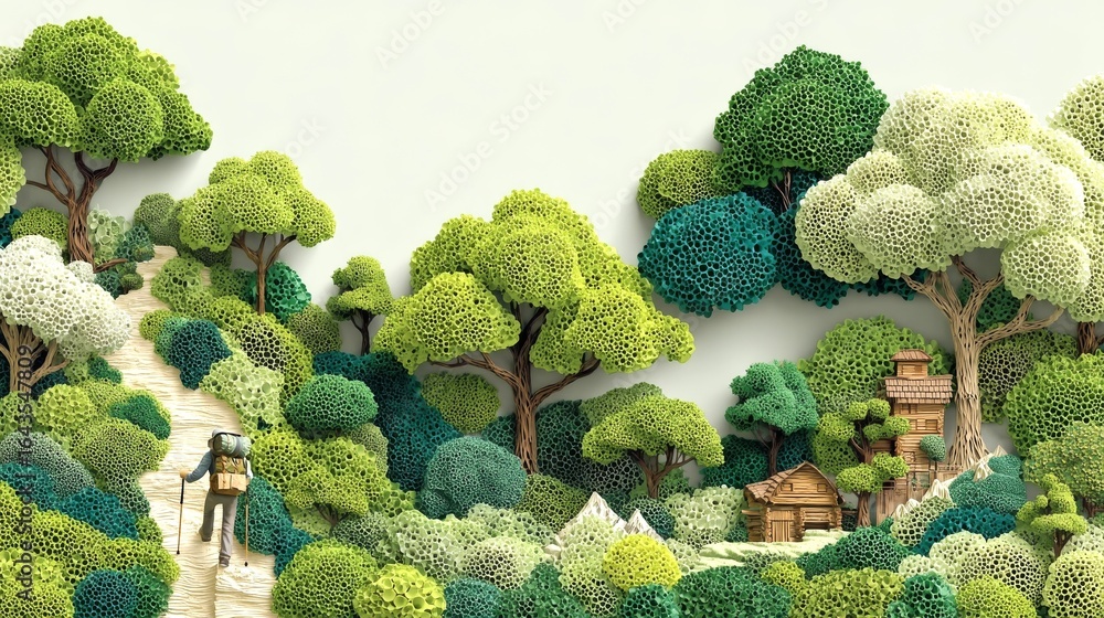 Poster a man is walking down a path in a lush green forest. the trees are tall and dense, and there is a sm