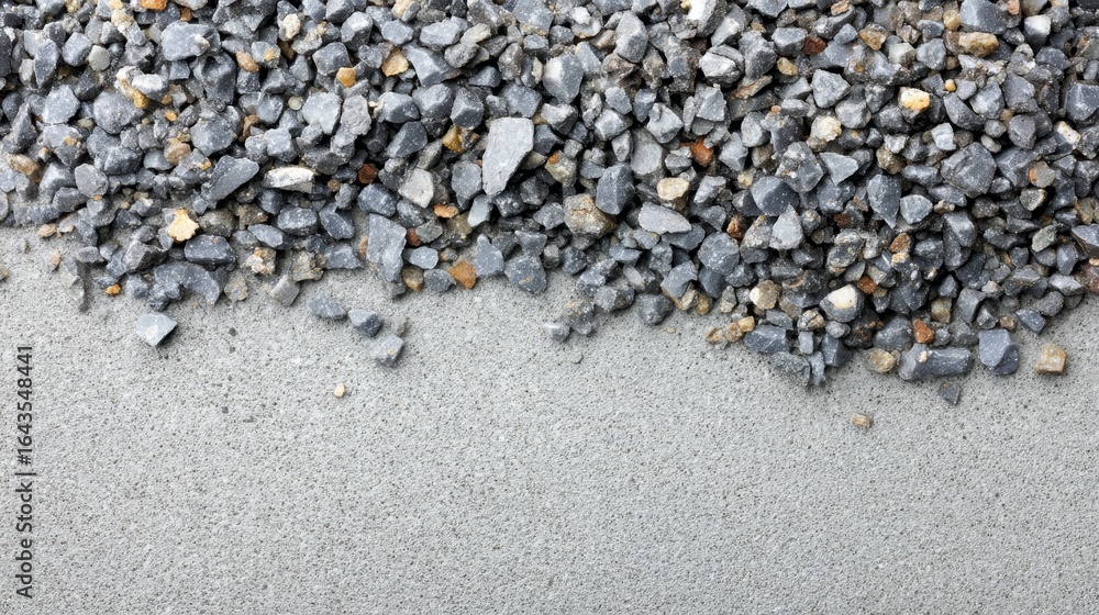Poster closeup of rough industrial concrete surface with exposed aggregate in cool gray tones, textured bac