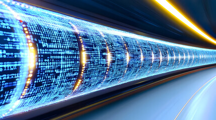 An abstract blue binary code tunnel represents a futuristic concept of digital communication, data, and a technological web
