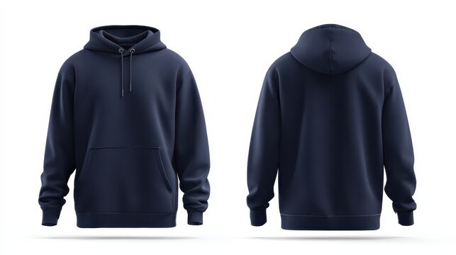 A 4K photo of flat tidy navy blue hoodie mockup template with front and back view, isolated on a white background.