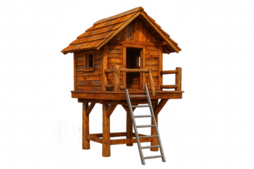 3d rendering of a charming wooden stilt house featuring a ladder for access, set against a transparent background