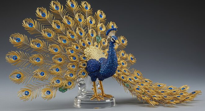 Exquisite Blue and Gold Peacock Crystal Sculpture Embellished with Glittering Feathers