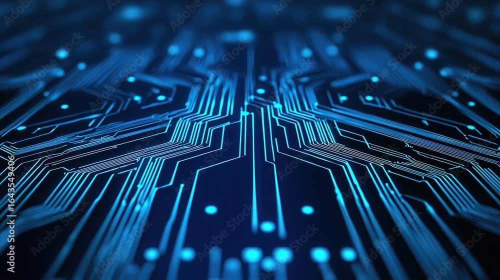 Poster a close-up view of a blue circuit board pattern, showcasing intricate lines and connections, represe