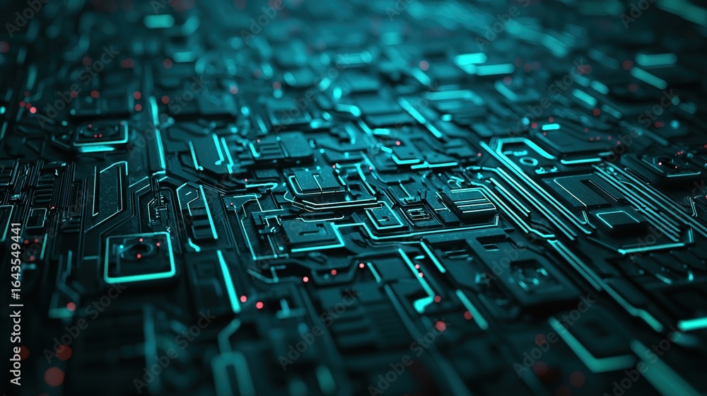 Poster a close-up view of a futuristic circuit board design, featuring intricate patterns and glowing eleme