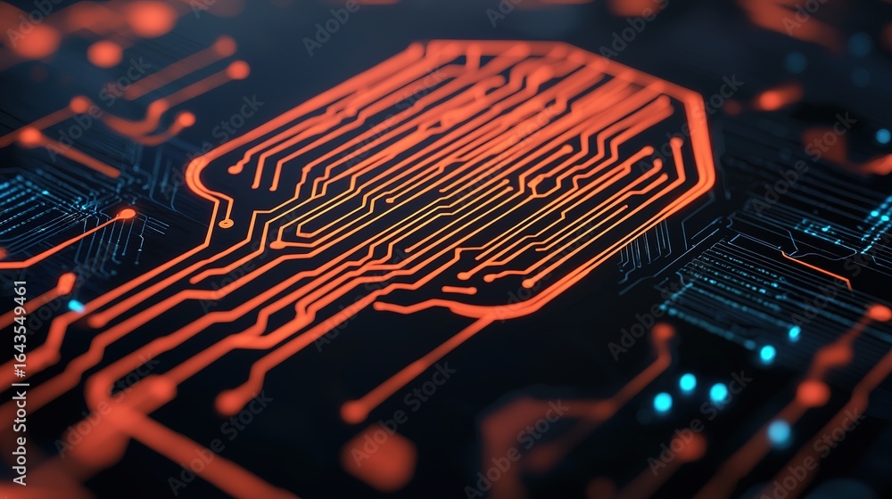 Poster a vibrant, close-up view of a circuit board with intricate lines and glowing orange patterns against