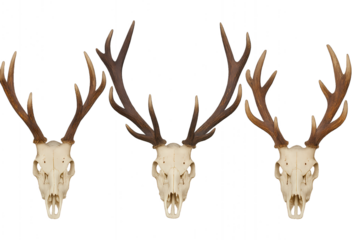 Three mounted deer skulls with large symmetrical antlers aligned in a row on a transparent background, showcasing natural bone texture and variety of antler shapes. Concept of wildlife, hunting and na