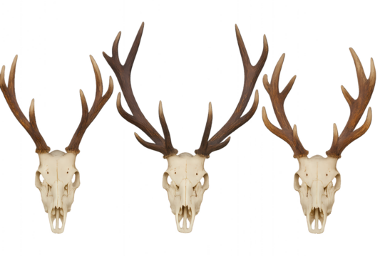 Three mounted deer skulls with large symmetrical antlers aligned in a row on a transparent background, showcasing natural bone texture and variety of antler shapes. Concept of wildlife, hunting and na - Powered by Adobe