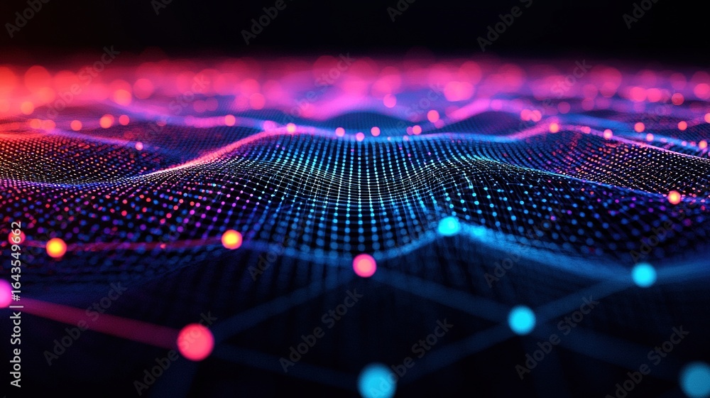 Poster an abstract visualization of digital waves with vibrant colors, showcasing a network of glowing dots