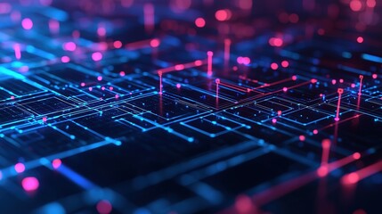 A vibrant, abstract representation of technology with glowing lines and dots, suggesting data flow and digital connectivity in a futuristic setting.