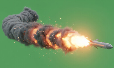 A missile with red stripes is launching into the air, leaving a trail of fire and smoke behind it.

