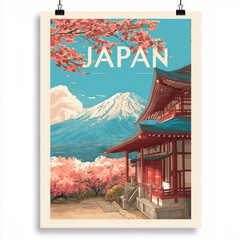A modern travel poster for a Japan tour, featuring Mount Fuji, cherry blossoms, and traditional Japanese architecture, vibrant colors, elegant layout

