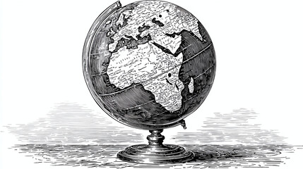 Artistic globe illustration focusing on Europe and Africa, standing on a decorative base. Detailed line work and shading.