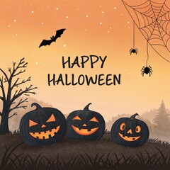 Obraz premium Spooky halloween night with jack o lanterns and bats