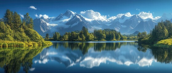 Obraz premium Tranquil Mountain Lake with Pristine Reflection of Snow-Capped Peaks and Clouds