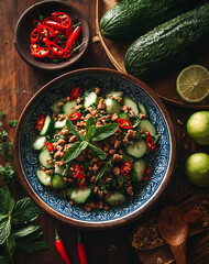 Overhead View of Spicy Ground Meat and Cucumber Salad