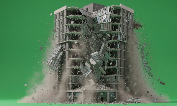 This is an image of a building in a state of collapse against a green screen.

