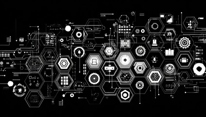 Abstract digital network graphic. Complex interconnected white shapes and lines on black background. Detailed system interface design