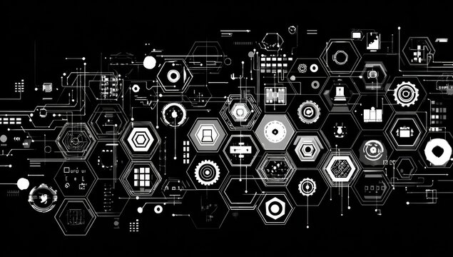 Abstract digital network graphic.  Complex interconnected white shapes and lines on black background.  Detailed system interface design