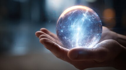 Fototapeta premium Glowing Crystal Ball Held in Hands Mystical Energy Light Magic