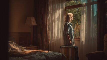 Contemplative traveler gazes through window. Sunlight streams into room with bed & luggage. A moment of reflection before next journey.
