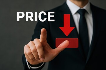 Businessman in a suit pointing at a red downward arrow and the word price, symbolizing a price reduction or decrease in value