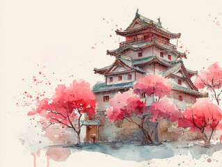 Japanese cultural tour cover, geisha, samurai castle, sakura trees, watercolor style, peaceful atmosphere, centered composition
