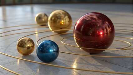 Shiny orb model of the solar system with metallic planets and orbital rings on a reflective surface