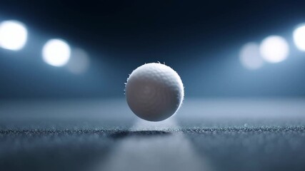 Golf ball midair on local sports championship field and course with bright white stadium lights creating intense focused atmosphere