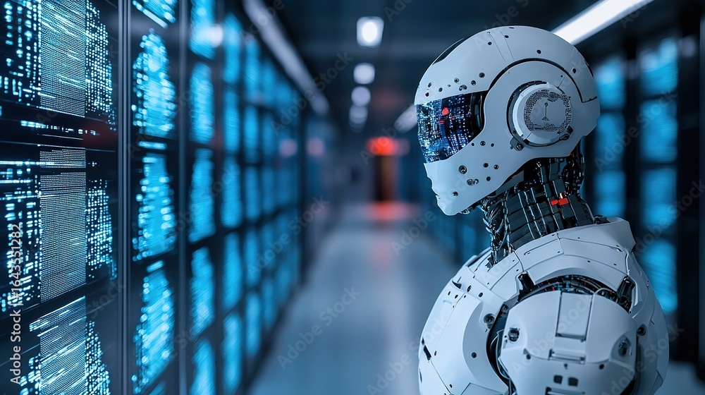 Poster a futuristic robot stands in a high-tech corridor filled with glowing servers, highlighting advancem