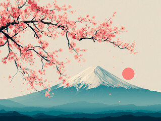 
Simple vector illustration of Mount Fuji with cherry blossoms, flat style, minimal colors

