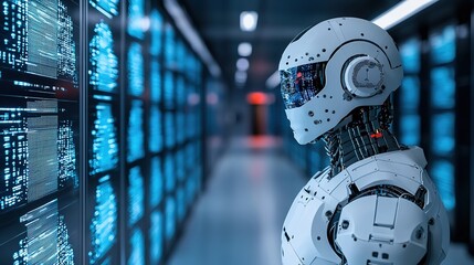 A futuristic robot stands in a high-tech corridor filled with glowing servers, highlighting advancements in artificial intelligence and technology.
