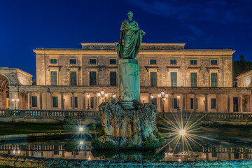 Corfu island ny night. Frederick Adam statue in front of old palace. Blue hour.
