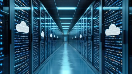 A futuristic server room with rows of data servers and cloud icons, illuminated by blue lighting, conveying a high-tech atmosphere.