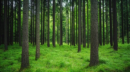 Lush green forest with tall, slender trees, creating a serene and tranquil atmosphere, surrounded by vibrant undergrowth.