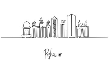 Elegant one line drawing of Peshawar city skyline in Pakistan, featuring Bala Hisar Fort, Mahabat Khan Mosque and Islamia College; a city skyline concept themed around Khyber heritage and trade.