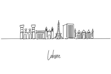 Elegant continuous line drawing of Lahore, Pakistan city skyline featuring Minar e Pakistan, Badshahi Mosque, Lahore Fort and towers; a city skyline concept themed around Punjab heritage and travel.