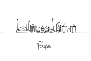 Obraz premium Continuous line drawing of Pakistan country skyline, featuring Faisal Mosque, Minar e Pakistan, Badshahi Mosque and Mazar e Quaid, a city skyline concept themed around national heritage and travel.