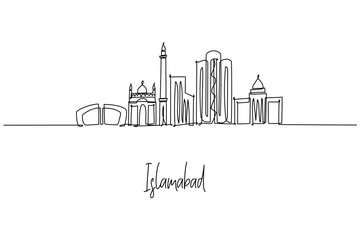 Fototapeta premium Minimalist single line drawing of Islamabad city skyline, featuring Faisal Mosque, Pakistan Monument, modern towers; a city skyline concept themed around Pakistan’s capital culture and Margalla hills.