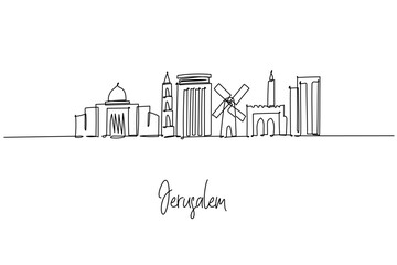 Obraz premium Elegant continuous line drawing of Jerusalem city skyline in Palestine, featuring Dome of the Rock, Old City walls and Montefiore Windmill, a city skyline concept themed around heritage and travel.