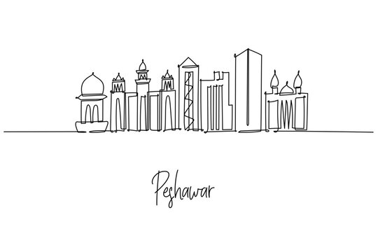 Elegant one line drawing of Peshawar city skyline in Pakistan, featuring Bala Hisar Fort, Mahabat Khan Mosque and Islamia College; a city skyline concept themed around Khyber heritage and trade.
