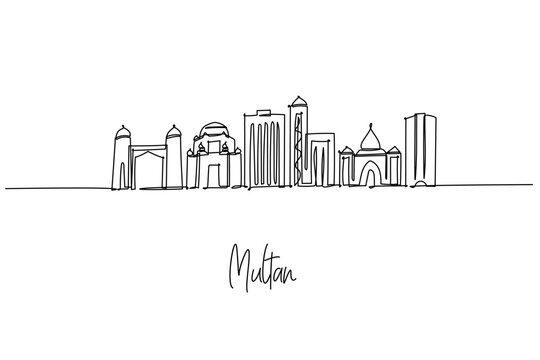 Elegant one line drawing of Multan city skyline in Pakistan, featuring Shah Rukn e Alam mausoleum, Ghanta Ghar and Multan Fort; a city skyline concept themed around Punjab's Sufi heritage and trade