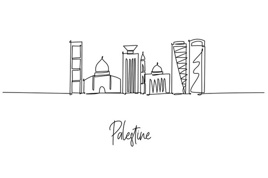 One line drawing of Palestine city skyline, with Dome of the Rock mosque, Ramallah towers and sleek arches; a city skyline concept themed around Palestinian heritage and peaceful life.