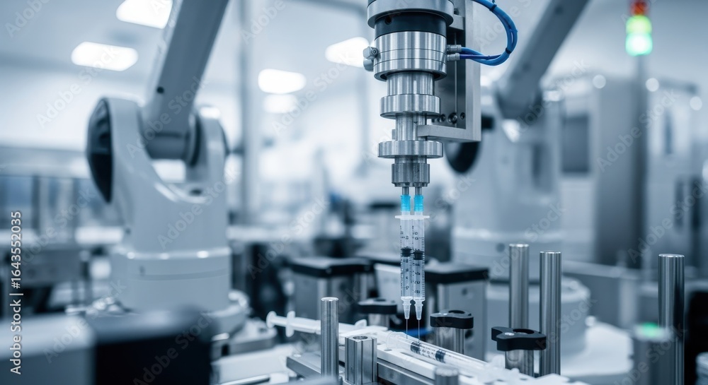 Aufkleber detailed view of automated syringe filling system using advanced robotic machinery.