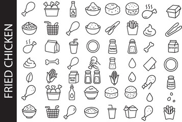 Fried Chicken Restaurant Vector Icon Set 🍗: Drumsticks, buckets, fries, and biscuits. Perfect for fast food menus, delivery apps, and branding.