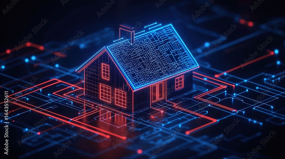 Aufkleber a digital representation of a house with neon outlines, surrounded by interconnected circuits, symbo